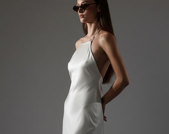 Halter Pure Silk wedding dress Open back high neck slip dress Backless minimalist formal gown
