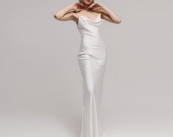 Simple Satin Cowl Neck Wedding Dress, Modest Satin Wedding Dress, Maxi Slip Dress, Reception Wedding dress