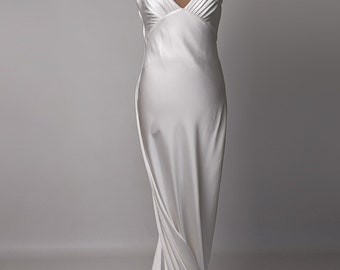 Ivory Satin Wedding Dress: Open Back, V-Neck, Drapery Train