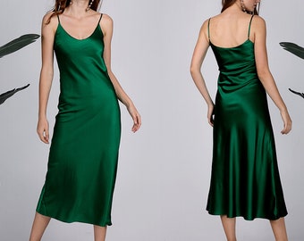 Emerald green dress Silk dress Women dress Silk slip dress Wedding guest dress