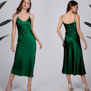Emerald green dress Silk dress Women dress Silk slip dress Wedding guest dress