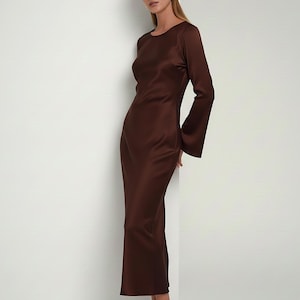 Real Silk Chocolate Brown Slip Dress With Long Sleeves  Elegant Midi Dress  for Holiday - Etsy