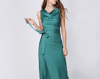 High cowl neck silk dress, Bias slip dress, Midi dress, Deep aquamarine dress, Sleeveless dress