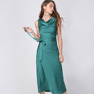 Silk Satin Midi Dress: Aquamarine Cowl Neck Slip Dress