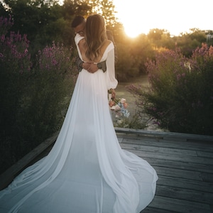 Chiffon Simple Wedding Dress, Long Sleeve Bridal Dress, Backless Wedding Dress with Train, Classic Wedding image 7
