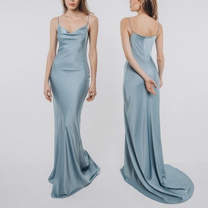 Staubig Blau Satin Kleid Spaghetti Strap Slip Abendkleid