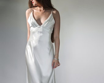 White Silk Satin Wedding Dress, Open back Bridal Dress, Slip Dress with train, Minimalist Wedding