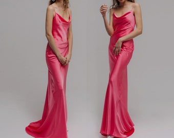 Hot Pink Satin Dress, Fuchsia Dress, Silk Slip Dress with Cowl Neck, Trendy Color Dress,Bridesmaid Satin Dress, Wedding Guest Dress