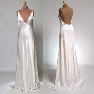 Elegant Satin Wedding Dress, V-neck Bridal Dress, Open-back Bridal Gown