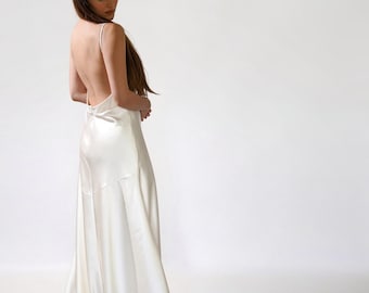 Elegant Satin Wedding Dress, V-neck Bridal Dress, Open-back Gown with Train
