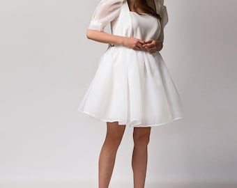 Short Wedding Dress, Organza Mini Wedding Dress with puff sleeves, Wedding Reception Dress