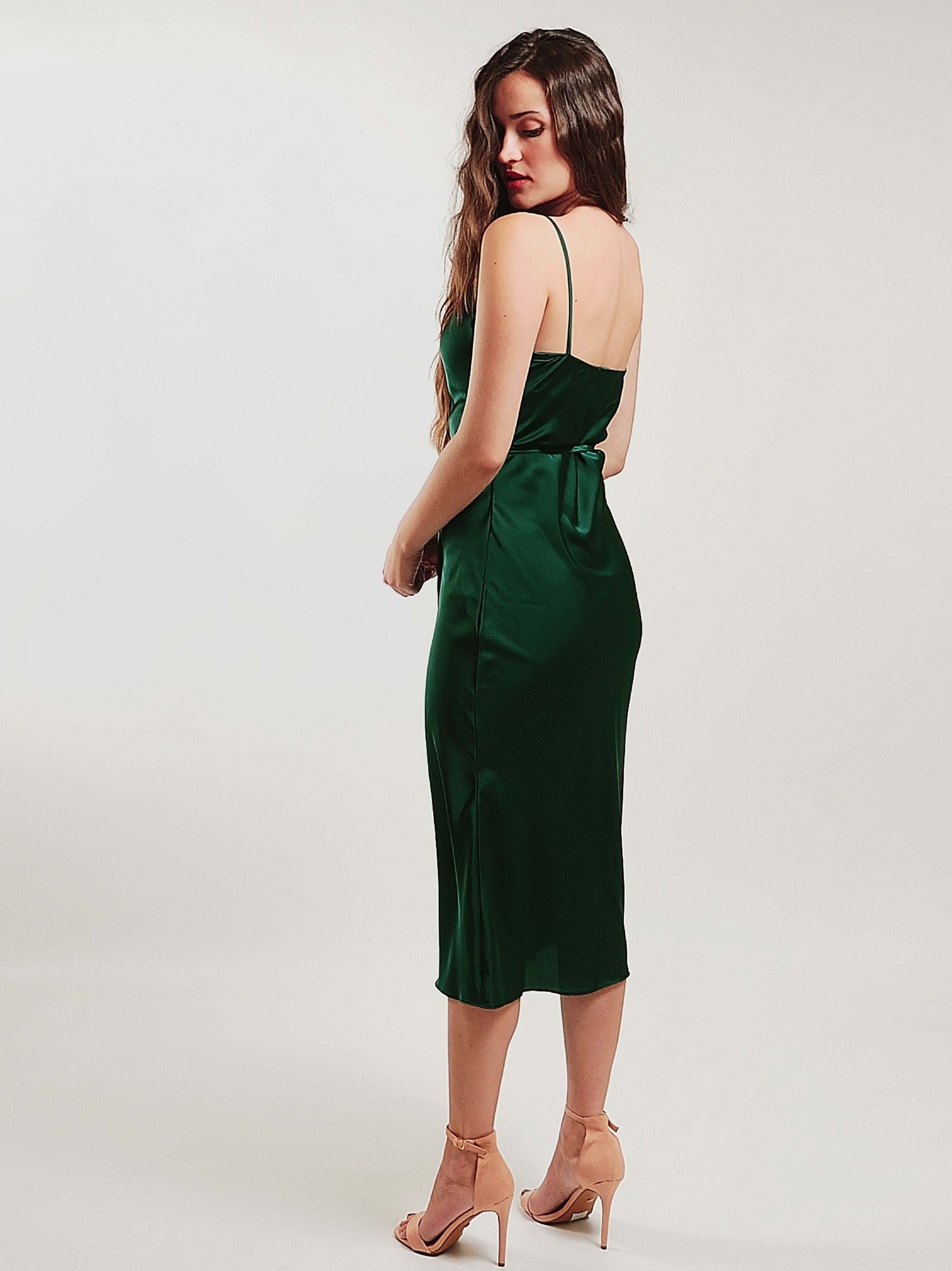emerald green strappy satin cowl midi dress Satin Cowl Neck Slip Midi Dress Emerald main image 0