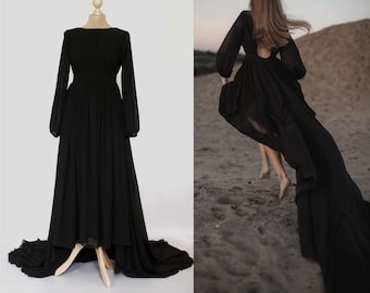 Black Wedding Dress, Chiffon Dress with train, Alternative Wedding