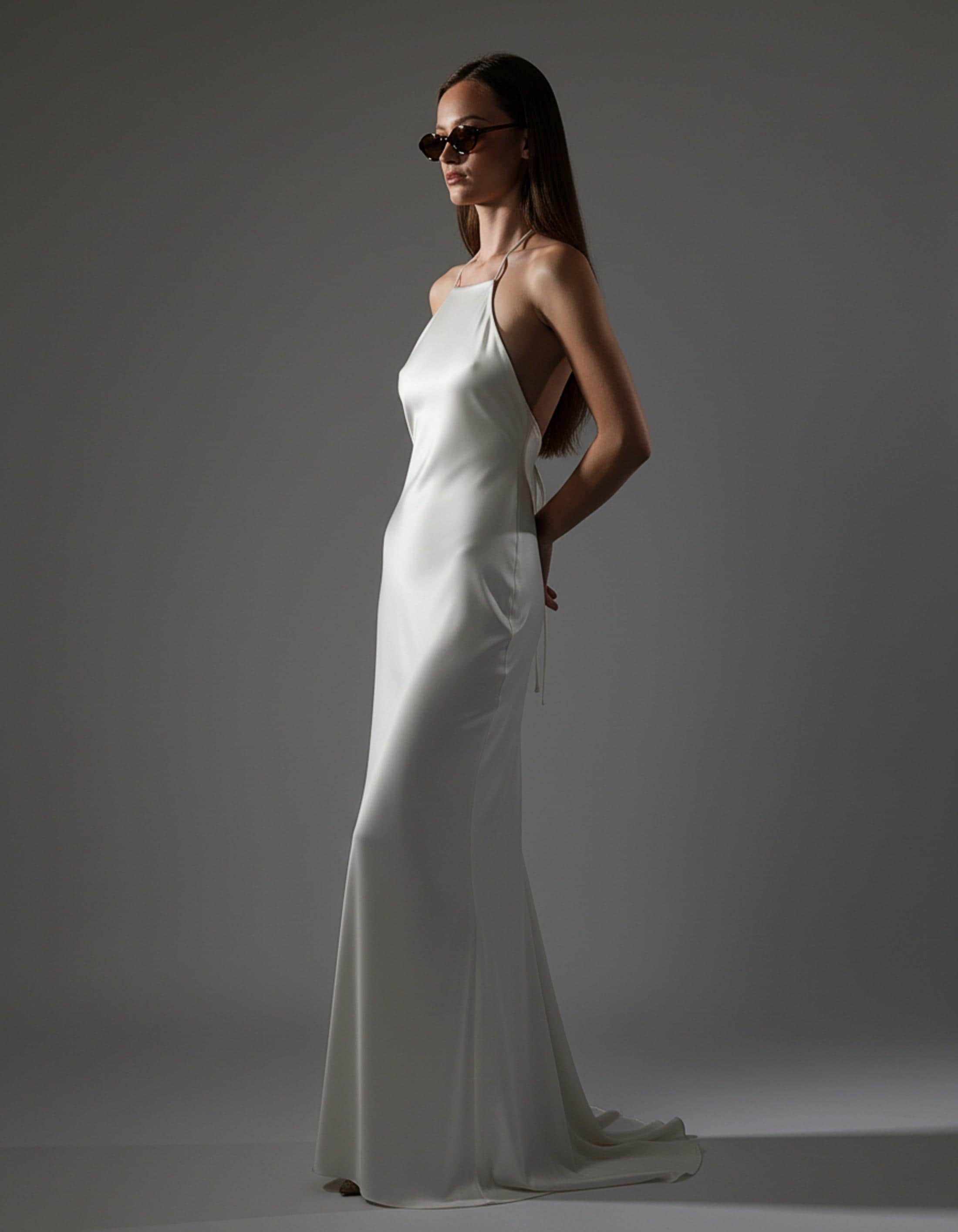 Halter silk wedding dress Open back high neck slip dress Backless minimalist formal gown