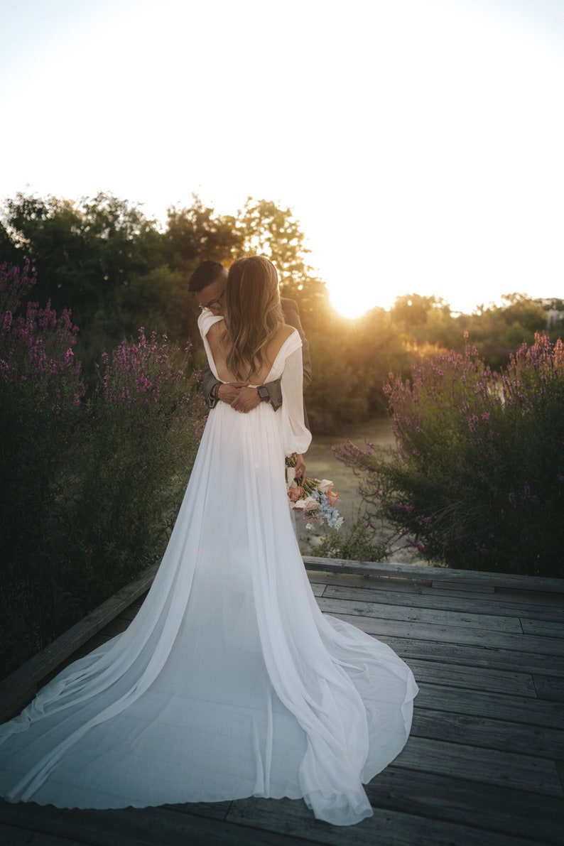 Chiffon Simple Wedding Dress, Long Sleeve Bridal Dress, Backless Wedding Dress with Train, Classic Wedding image 7