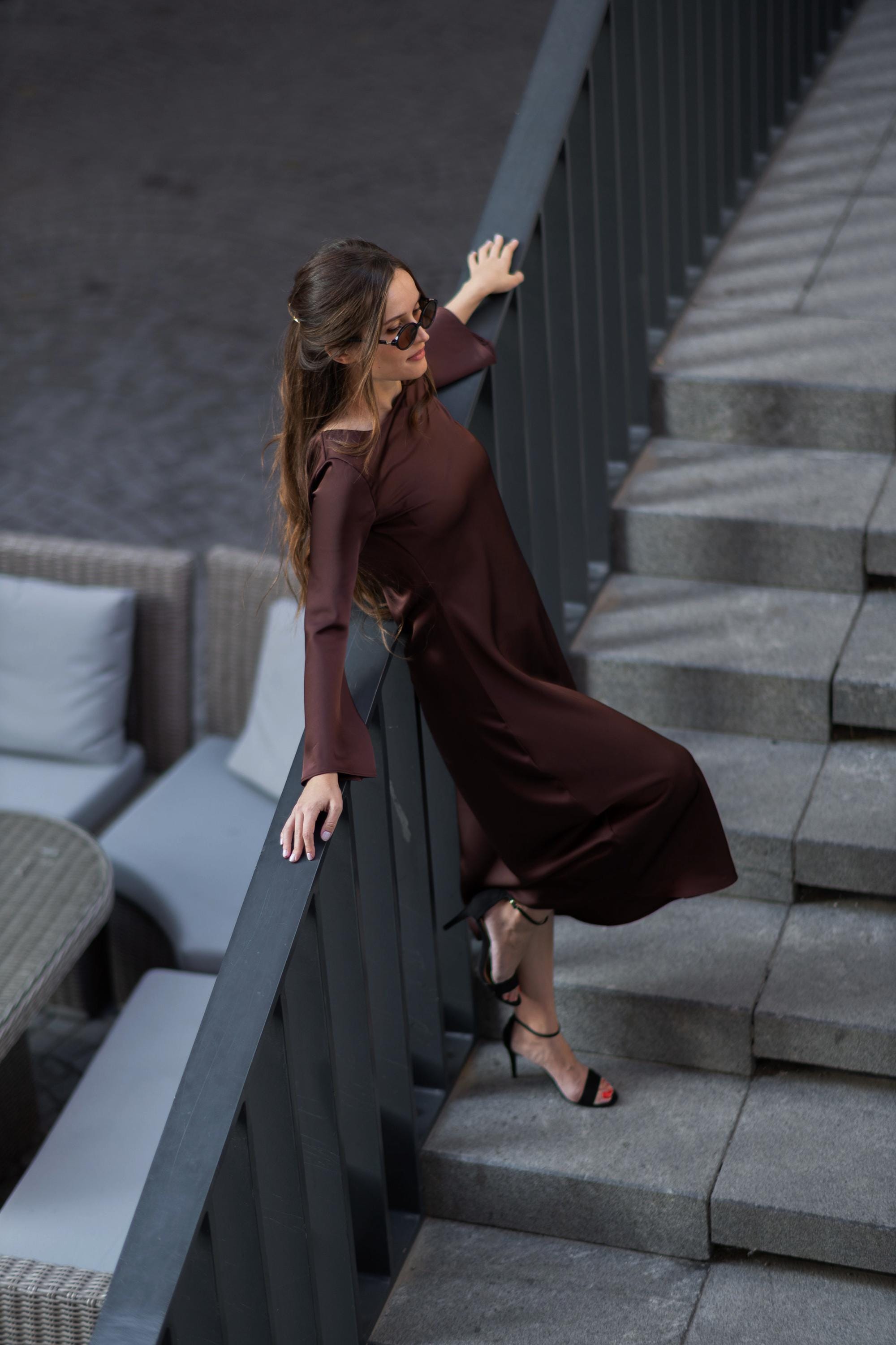 Chocolate Brown Satin Slip Dress With Long Sleeves – Elegant Midi