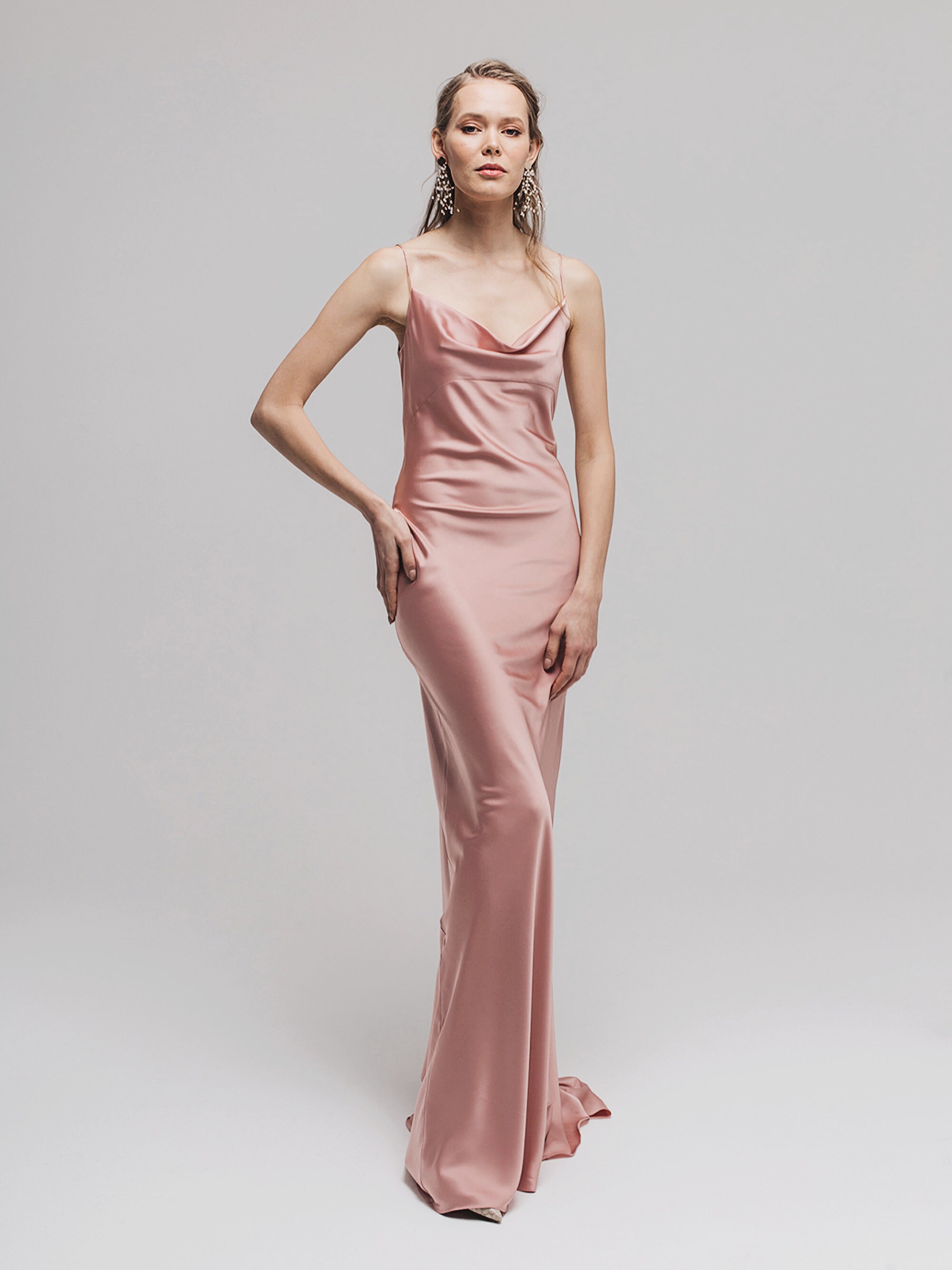 Romantic Draped Cowl Neck Satin Wedding Dress with Low Back and Train main image 0