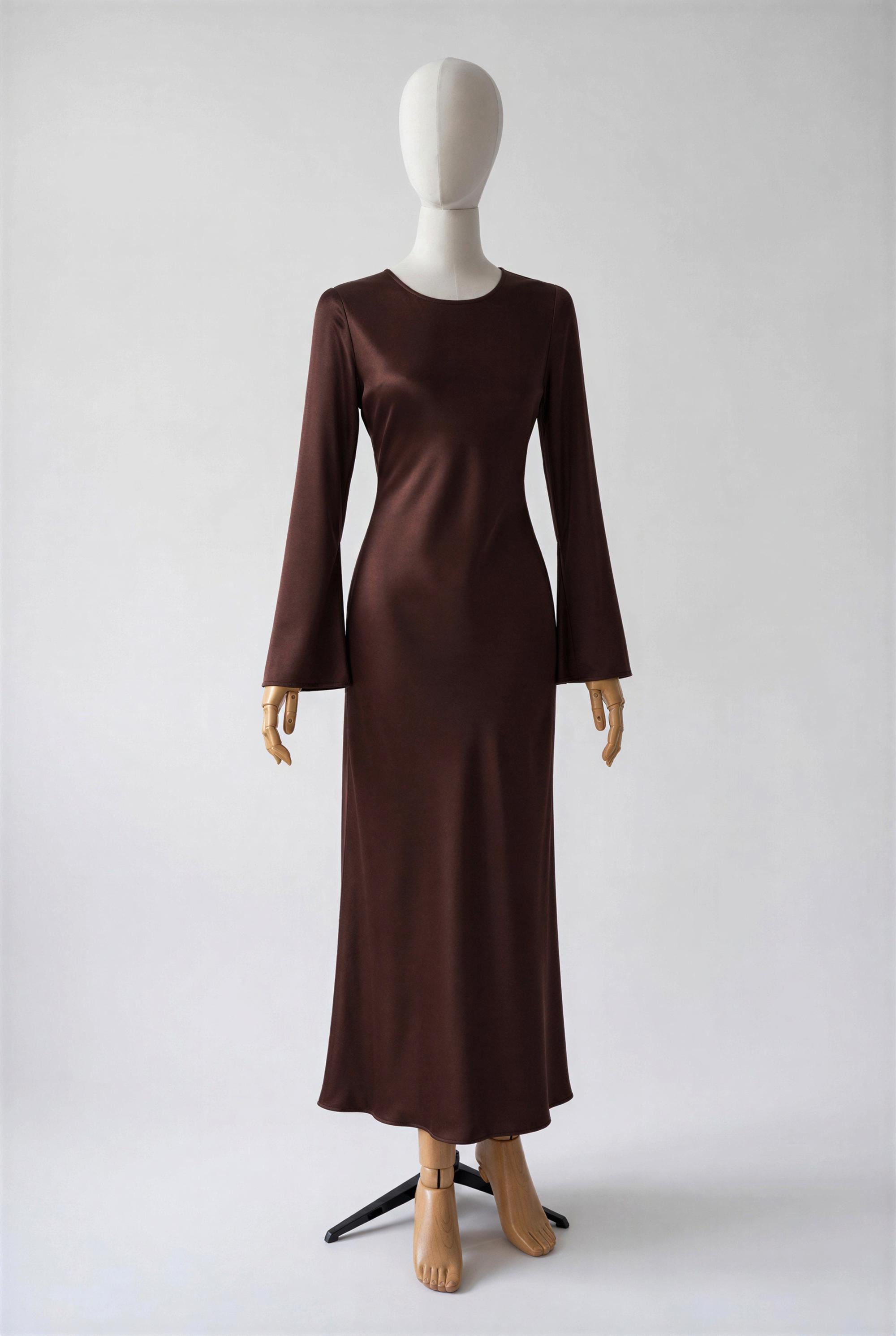Pure Silk Chocolate Brown Slip Dress with Long Sleeves - Elegant Midi Dress for Holiday