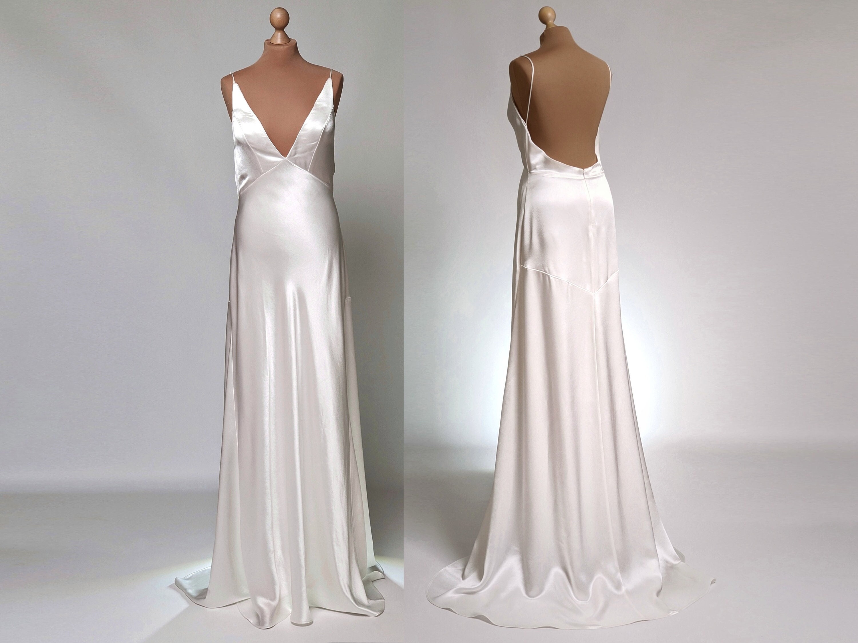 cheap buying store Elegant Lace Satin Deep Satin Wedding Trailing V-Neck  Dress, V-neck Bridal Court Dress, Open-back Long Bridal Elegant Gown 
