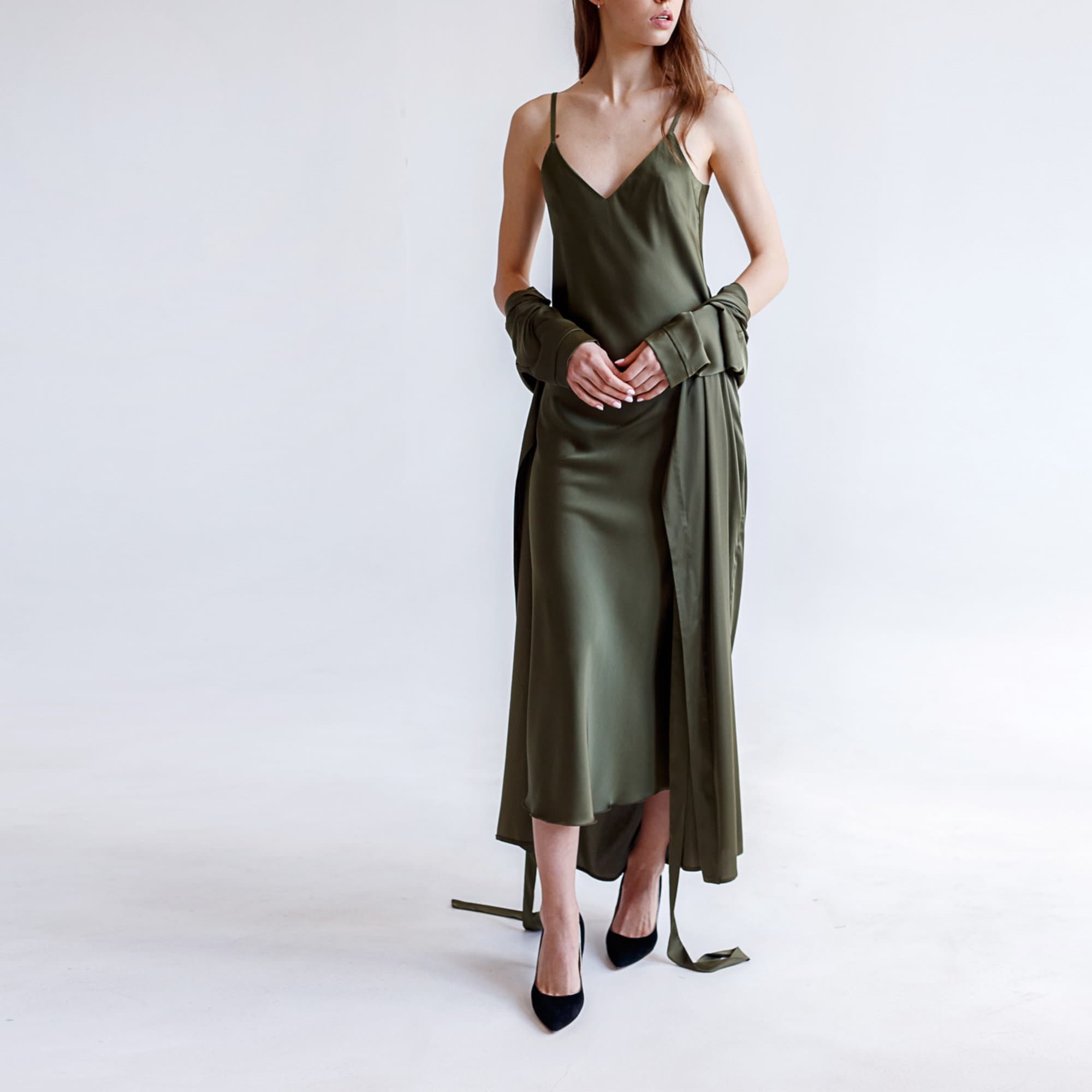 Silk Midi Dress Olive Green Silk Dress ...