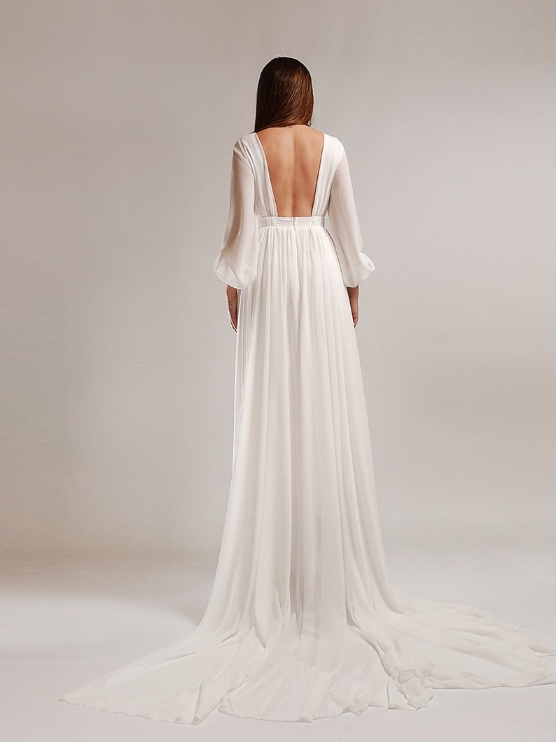 Chiffon Simple Wedding Dress, Long Sleeve Bridal Dress, Backless Wedding Dress with Train, Classic Wedding image 6