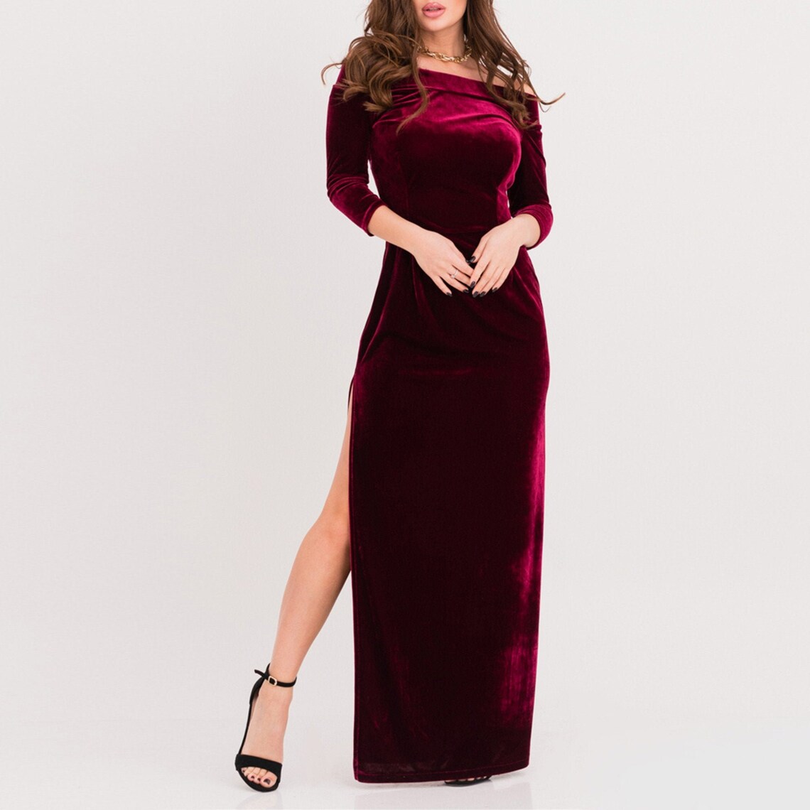 Long Velvet Dress With Slit off Shoulder Dress Long Dress Etsy