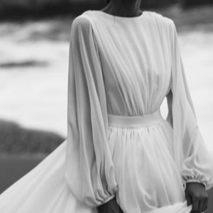 Chiffon Simple Wedding Dress, Long Sleeve Bridal Dress, Backless Wedding Dress with Train, Classic Wedding image 2