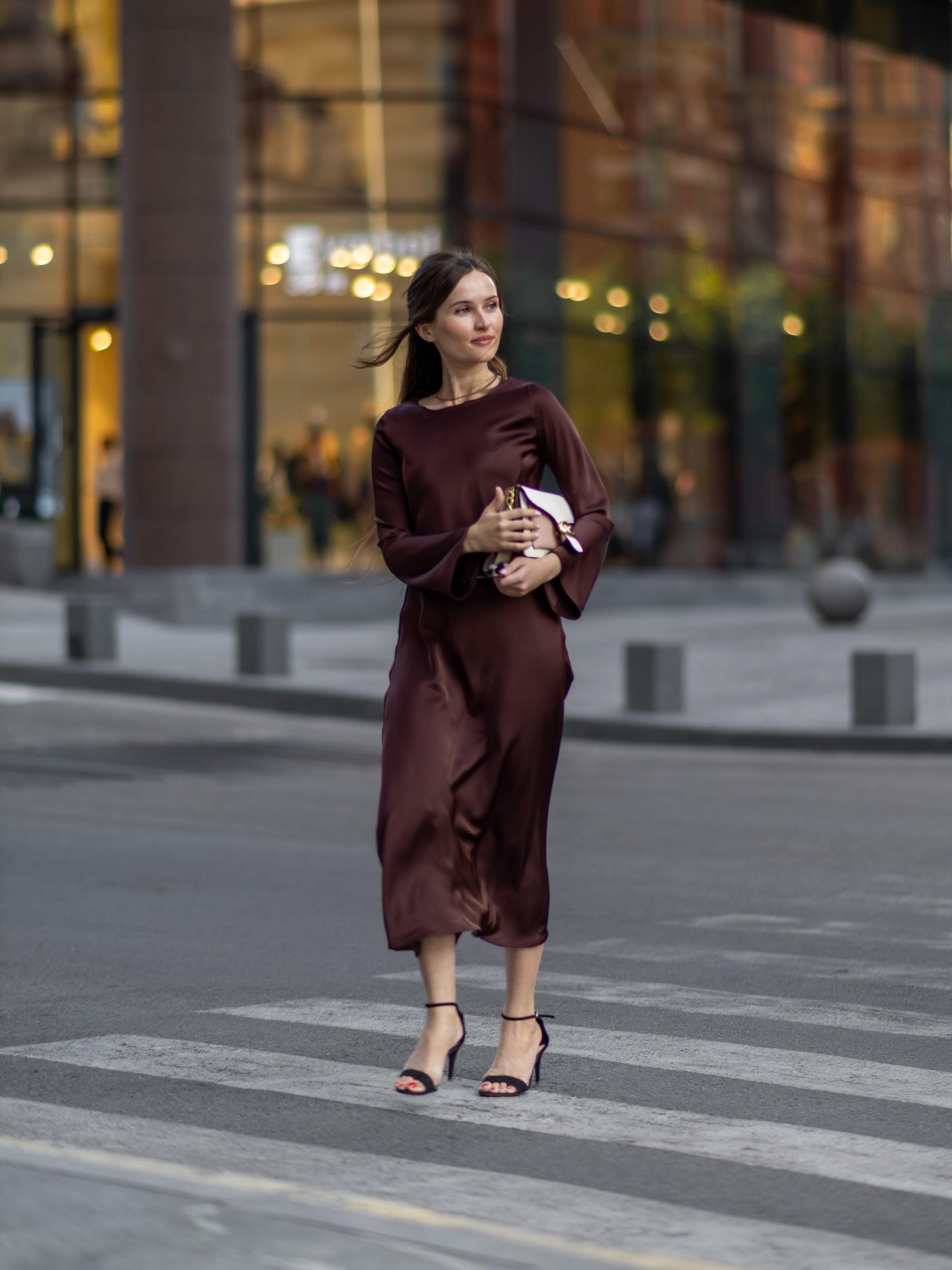 Real Silk Chocolate Brown Slip Dress with Long Sleeves - Elegant Midi Dress for Holiday