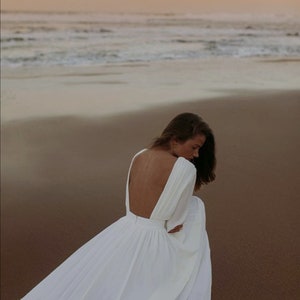 Chiffon Simple Wedding Dress, Long Sleeve Bridal Dress, Backless Wedding Dress with Train, Classic Wedding image 9