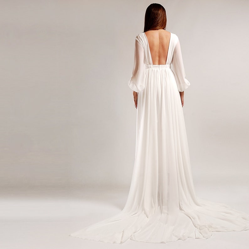 Chiffon Simple Wedding Dress, Long Sleeve Bridal Dress, Backless Wedding Dress with Train, Classic Wedding image 1