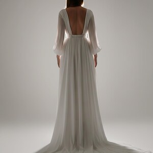 Chiffon Wedding Dress, Long Balloon Sleeves, Backless Bridal Gown, Cathedral Train image 1