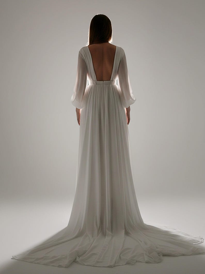 Chiffon Wedding Dress, Long Balloon Sleeves, Backless Bridal Gown, Cathedral Train image 1