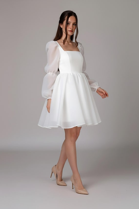 open lace back dress White Organza Puff Sleeve Mini Dress