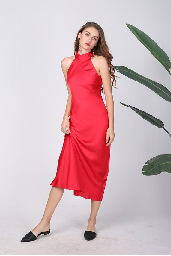 Hot Pink Silk Satin Halter Dress: Mid-length Cocktail Slip - Etsy