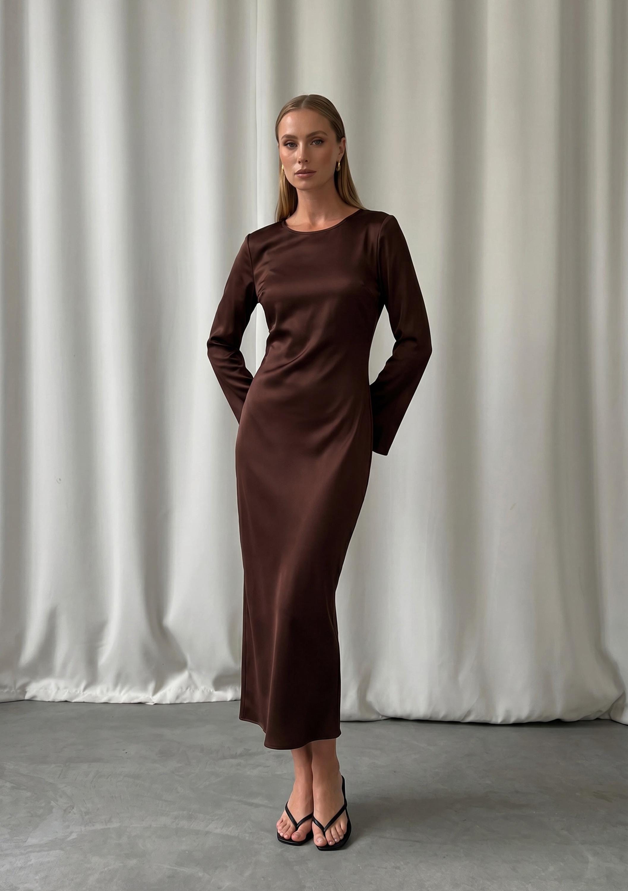 chocolate brown slip dress Elegant Italian Silk Satin Slip Dress in Dark Chocolate