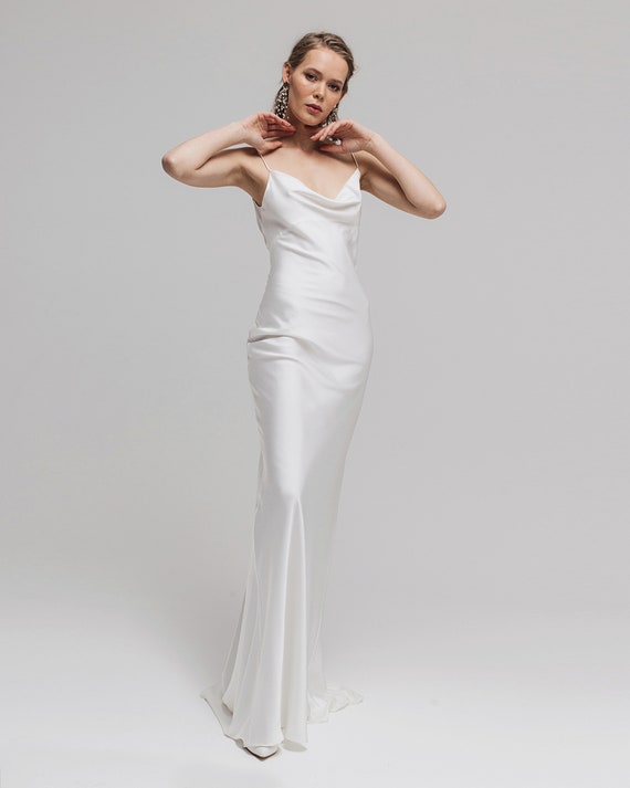 Simple Satin Cowl Neck Wedding Dress with Train Maxi Slip Gown
