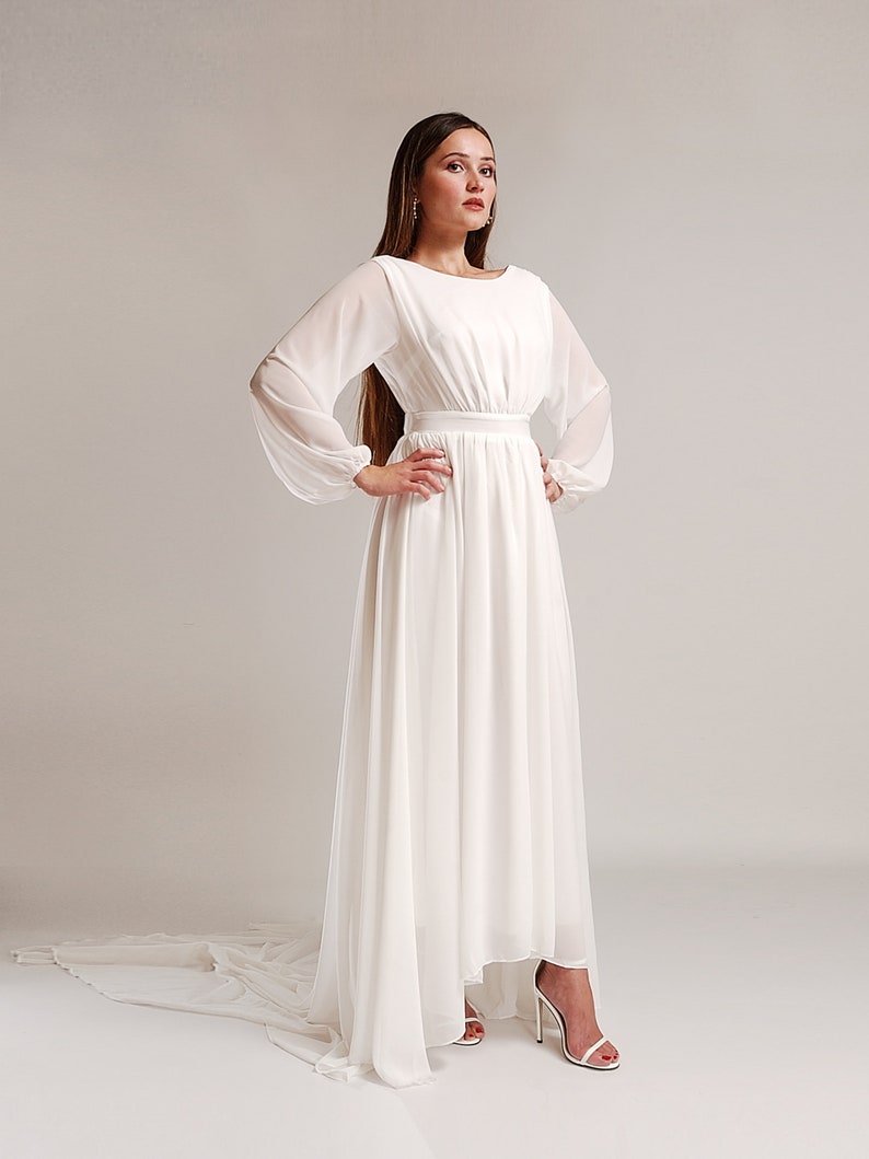 Chiffon Simple Wedding Dress, Long Sleeve Bridal Dress, Backless Wedding Dress with Train, Classic Wedding image 4