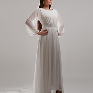 Chiffon Wedding Dress, Long Balloon Sleeves, Backless Bridal Gown, Cathedral Train image 3
