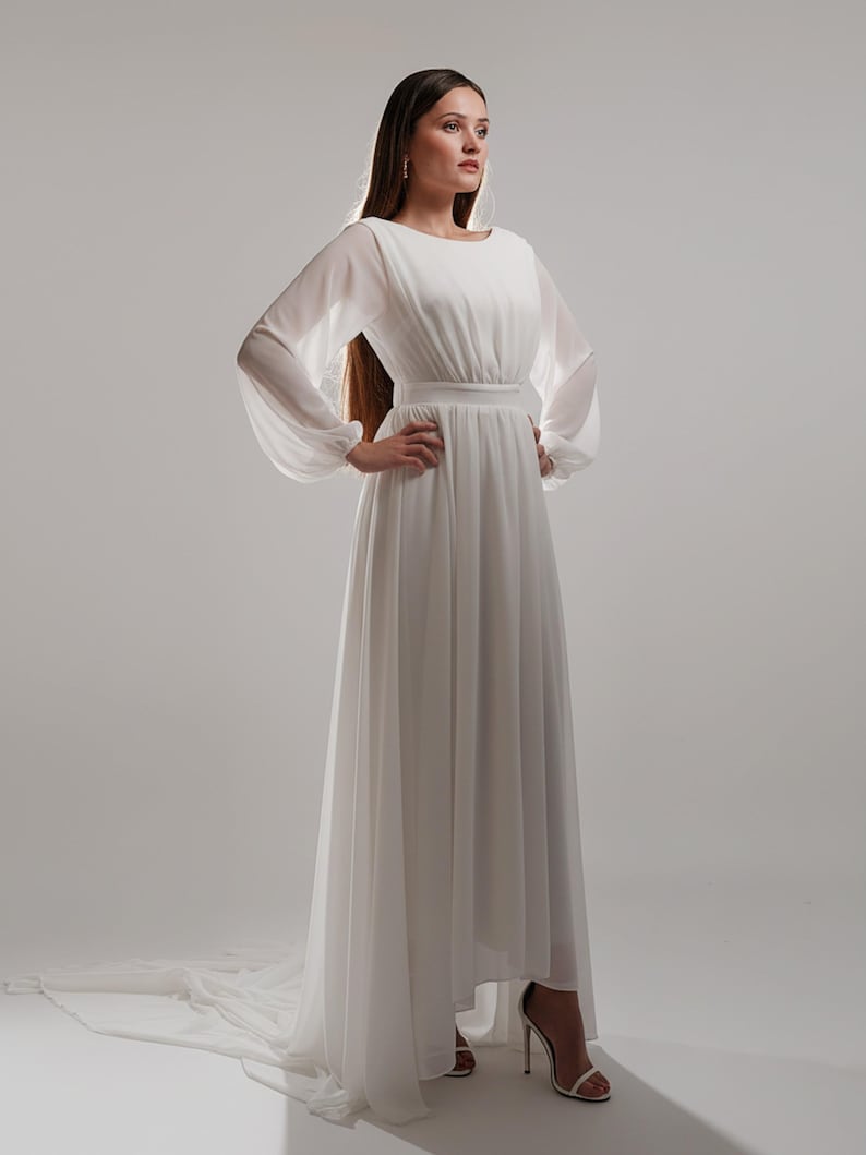 Chiffon Wedding Dress, Long Balloon Sleeves, Backless Bridal Gown, Cathedral Train image 3