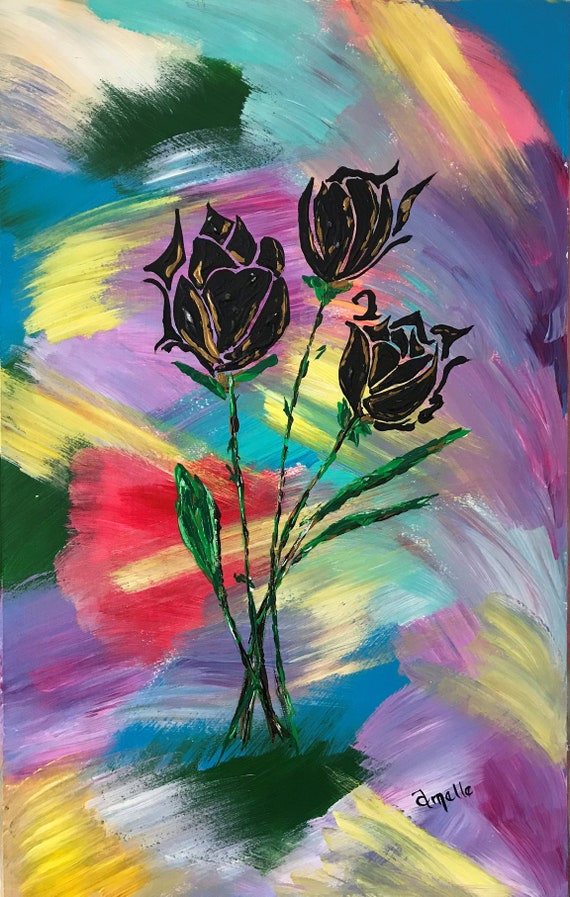Black Rainbow Roses Original Artwork Etsy