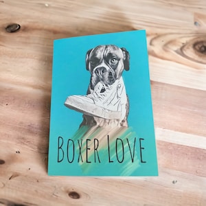 Tarjeta de felicitación en blanco con diseño de perro boxer con zapato