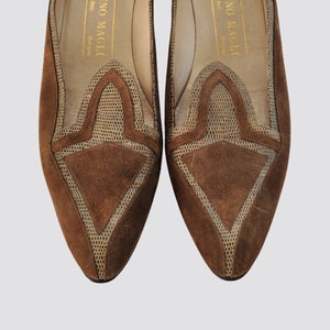Vintage Brown Suede Loafers / 1980s 80s Pointed Toe Leather Flats Low Block Chunky Heel Pumps Shoes / Women 7.5 8 Narrow / 90s Bruno Magli