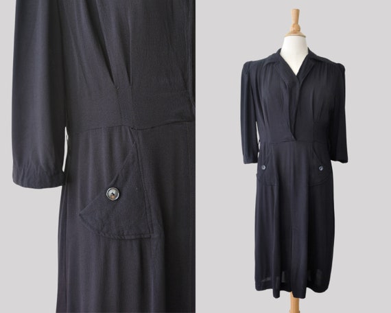 40s Black Dress / Vintage 1940s Crepe Collared Wra
