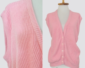 Vintage Sweater Vest / XL XXL Women / 1990s 90s Blush V-Neck Sleeveless Knit Top Button Up Front / Plus Size Volup Oversized Boxy Cardigan