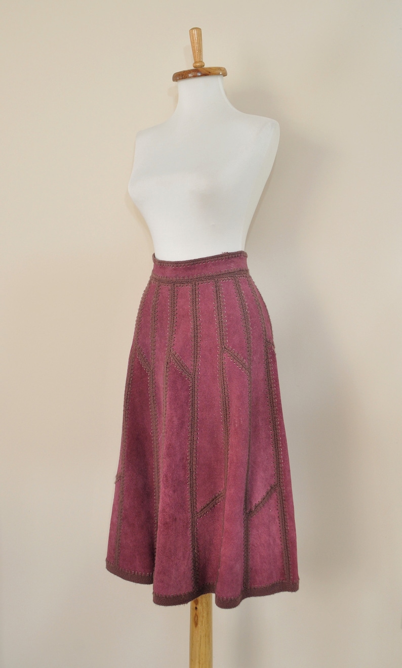 70s Patchwork Skirt Vintage 1970s Purple Suede Leather Crochet High Waisted A Line Midi Women Medium 60s Boho Hippie Bohemian Festival