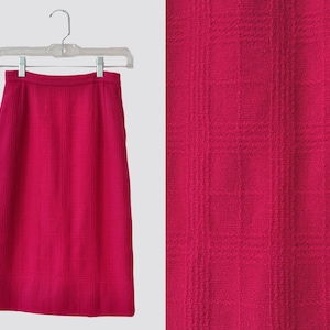 50s Hot Pink Skirt / Vintage 1950s 1960s Magenta Plaid Fitted Wiggle Pencil Skirt / Women XS Small / 60s Knit High Waisted Midi / Lofties