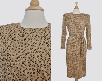 1980s Leopard Print Dress / Medium Women / Vintage 80s Draped Cheetah Animal Satin Midi / Shoulder Pads Peplum Swag Does 40s 1940s Retro