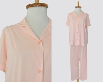 60s Pink Pajama Set / Vintage 1950s 1960s Nylon Shirt Pants Two Piece Sleep Lounge Wear / Women Small Medium Large/ Lorraine Button Up PJs