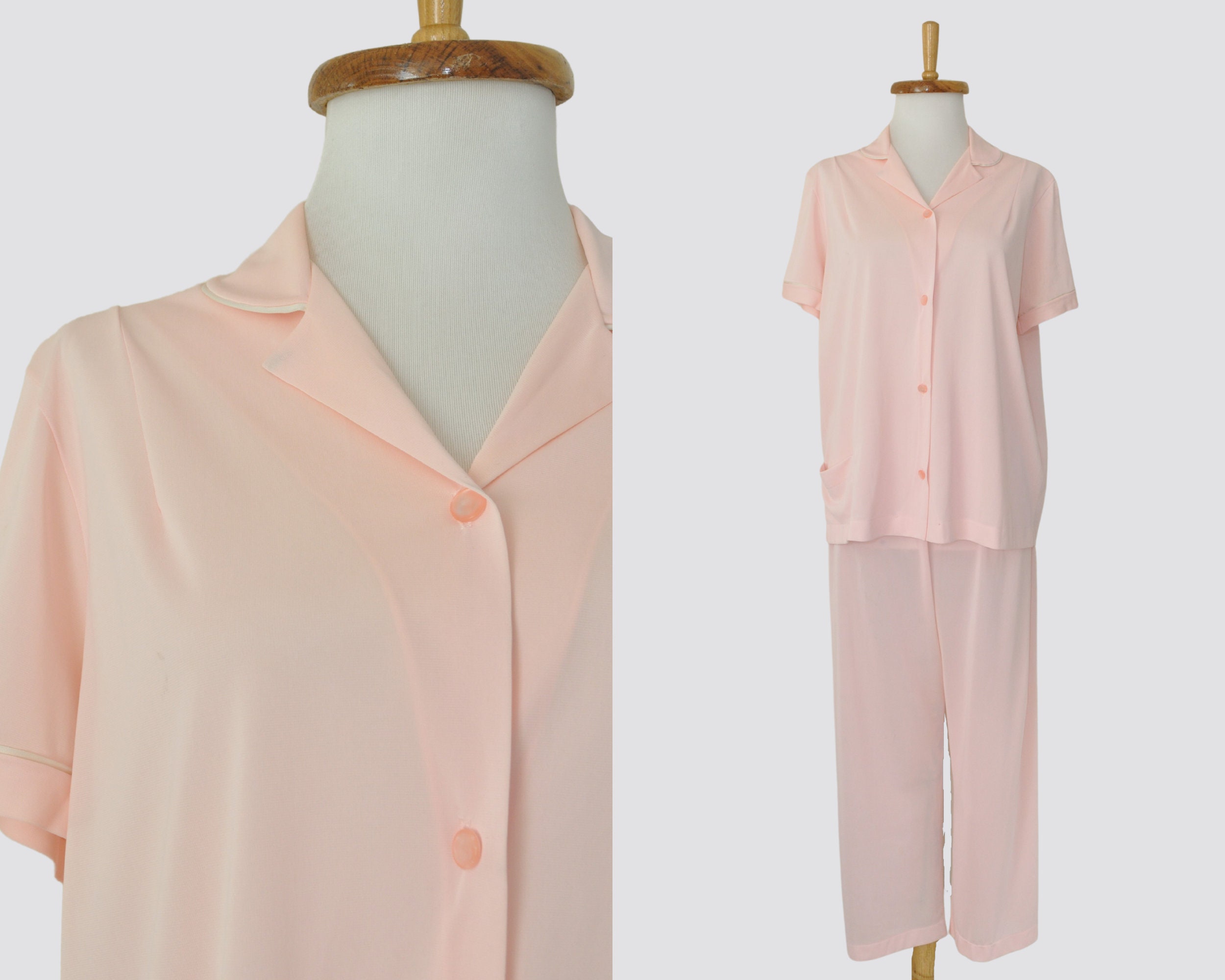 60s Pink Pajama Set / Vintage 1950s 1960s Nylon Shirt Pants Two Piece Sleep Lounge Wear / Women Small Medium Large/ Lorraine Button Up PJs