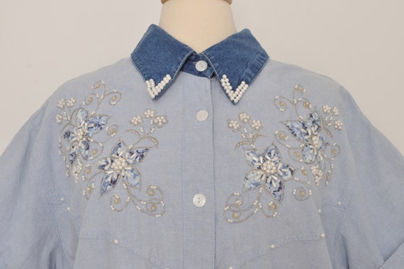 Vintage Denim Shirt Embroidered Women / 2XL XXL P… - image 3